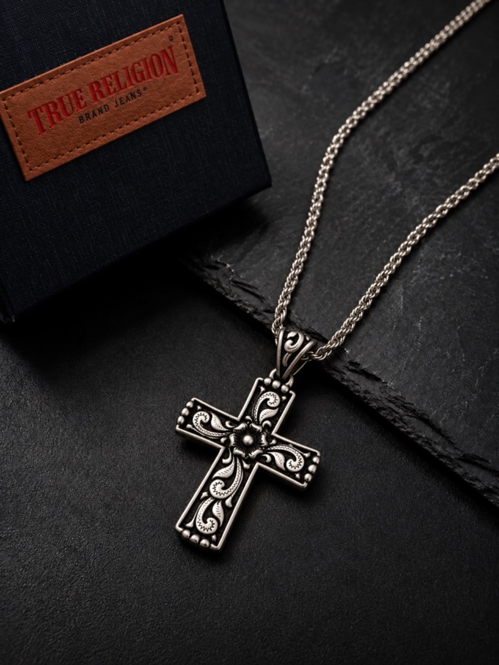 True Religion Men's Cross Pendant Necklace Stainless Steel 22+2" Silver NIB